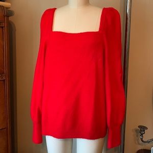 H&M Red-Orange Puff Sleeve Square Neck Sweater
